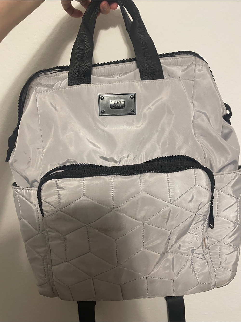 Steve Madden Light Gray Quilted Backpack Tote with Black Accents